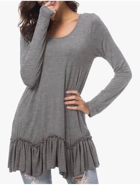 Urban Coco -White Long-Sleeve Ruffle Hem Tunic Dress - Women's